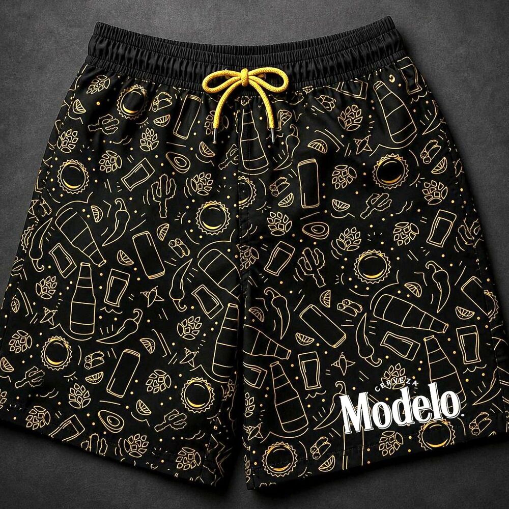 Modelo Beer Swim Trunks Mens Small Black Gold Graphic Board Shorts